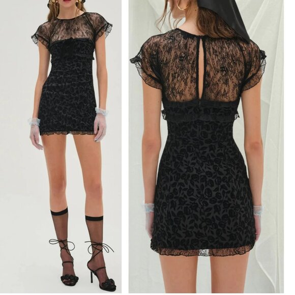 NWOT FOR LOVE AND LEMONS MIDNIGHT VELVET FLORAL BURNOUT & LACE BLK MINI DRESS S - Picture 2 of 9